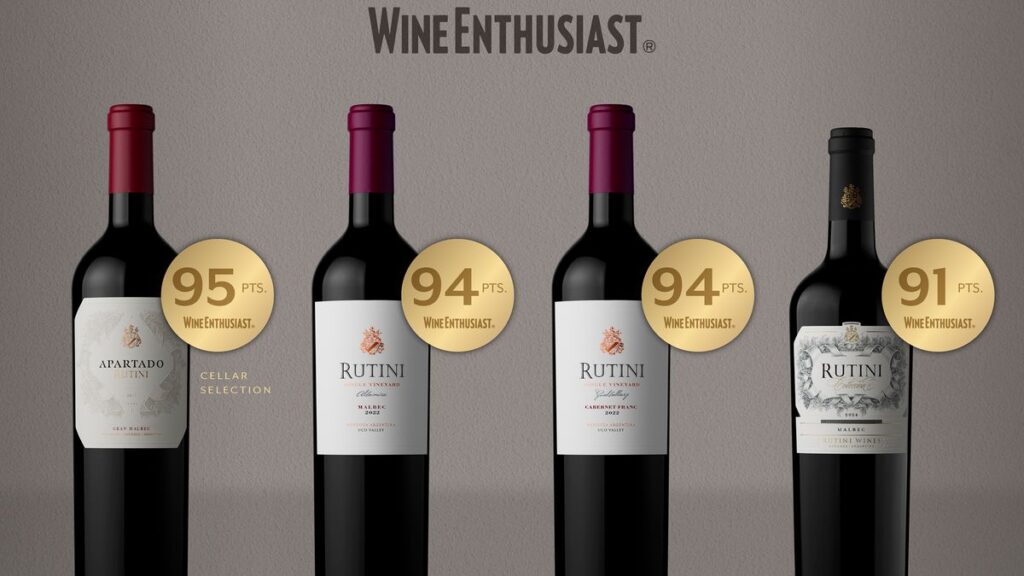 Cuatro tintos de Rutini Wines con sus puntajes Wine Enthusiast: 95, 94, 94 y 91 puntos