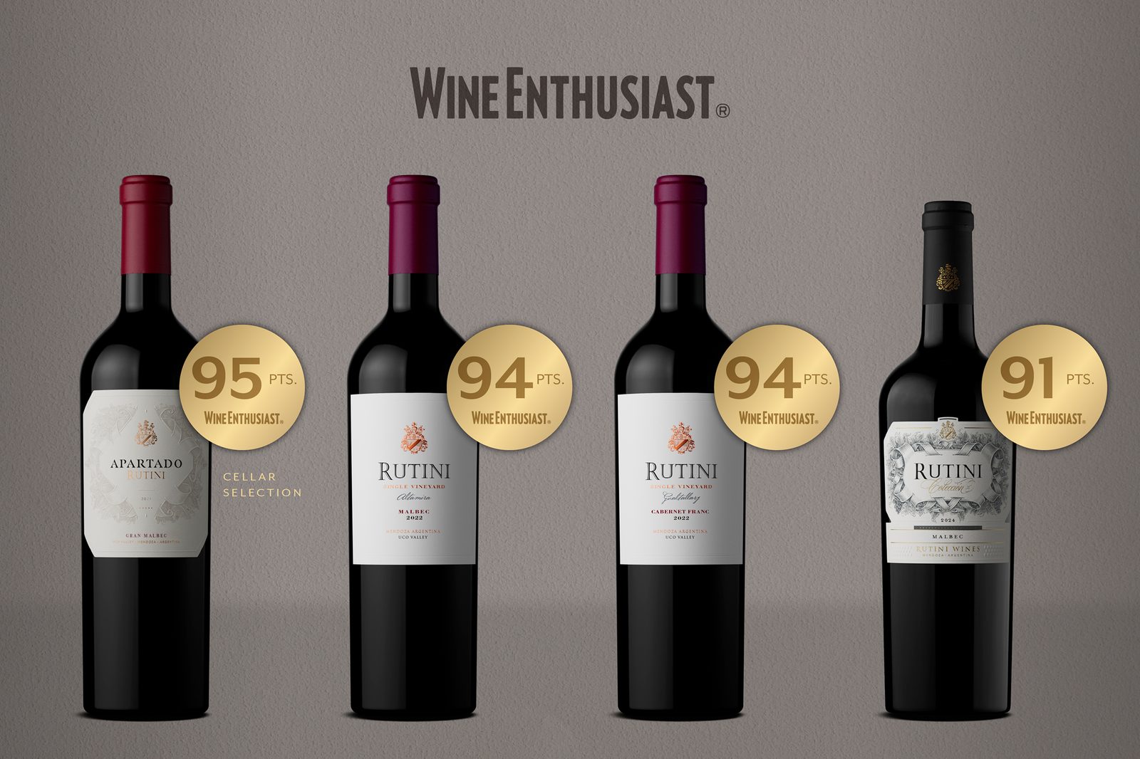 Cuatro tintos de Rutini Wines con sus puntajes Wine Enthusiast: 95, 94, 94 y 91 puntos.
