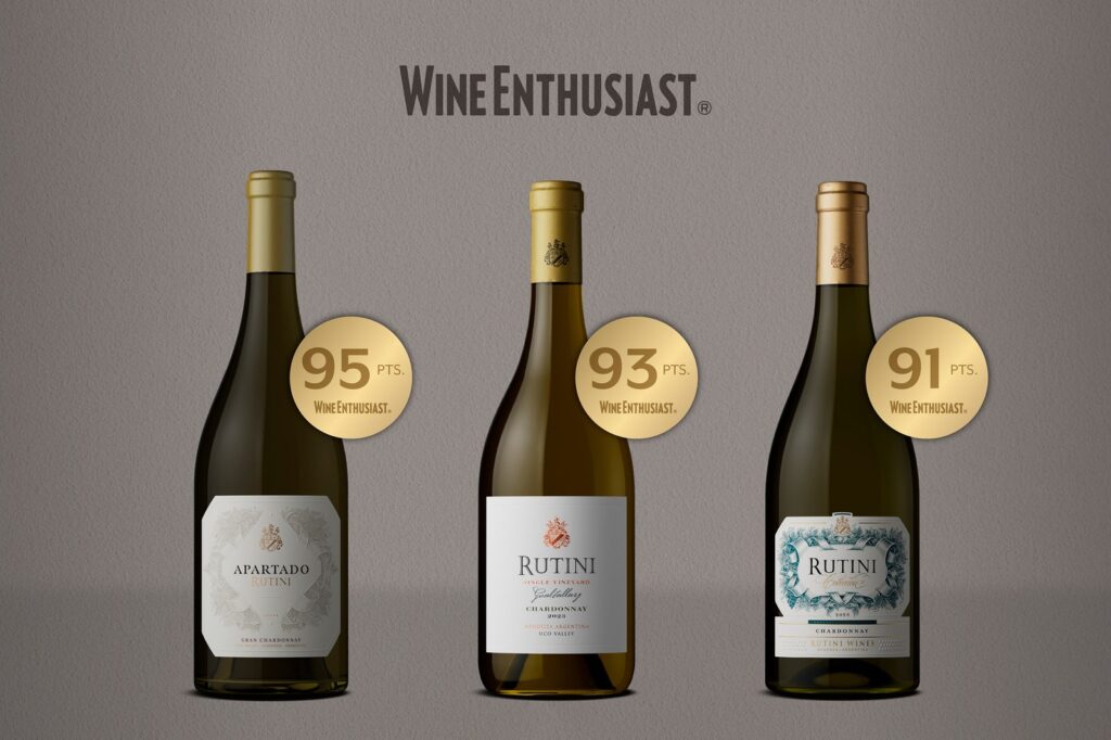 Three Rutini Wines white wines with their Wine Enthusiast scores: 95, 93, and 91 points